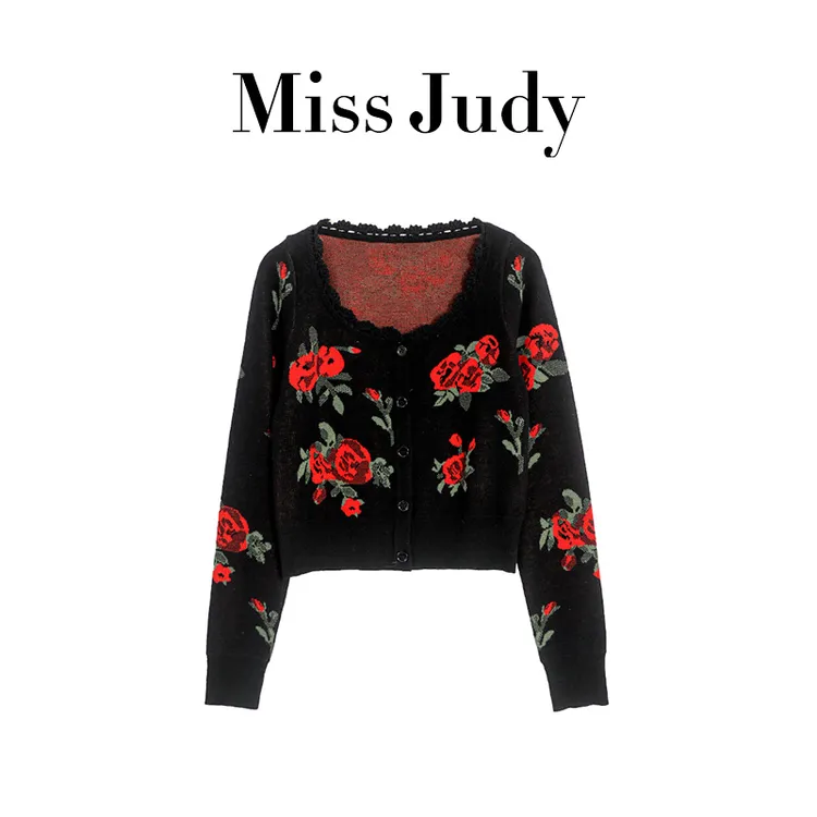 Miss Judy白鹿黑色秋冬短款毛衣小众气质玫瑰花减龄针织上衣4045