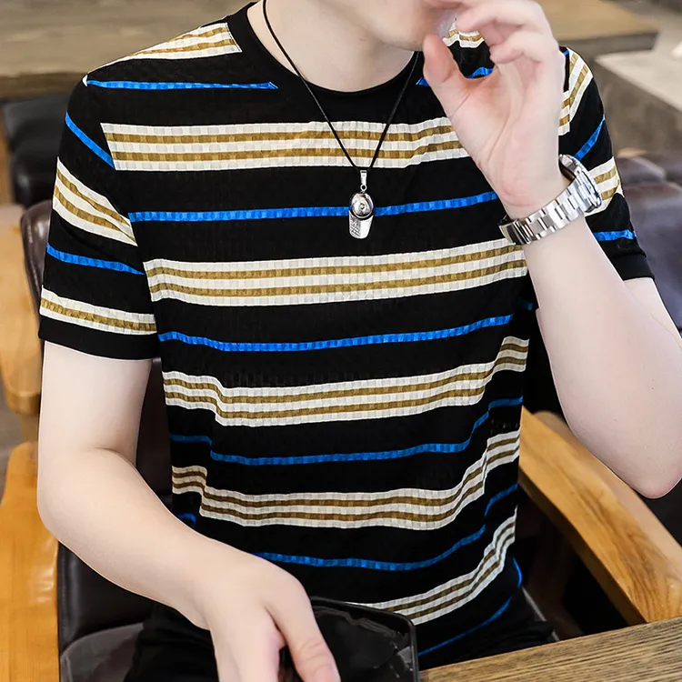 【经典百搭】2024夏季新款男士冰丝T恤修身圆领条纹透气时尚短袖