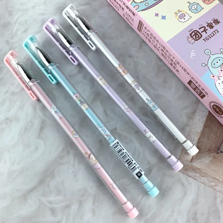 天卓学生中性笔0.35速干全针管学习卡通图案透明笔杆可换笔芯顺滑