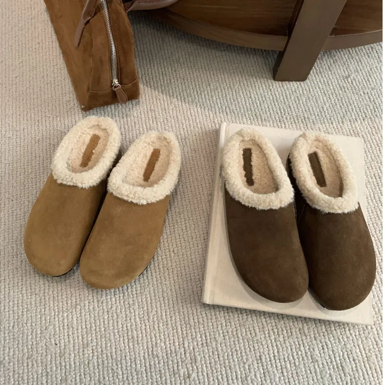 法式复古加绒勃肯毛毛鞋女2024年秋冬新款一脚蹬包头拖厚底棉拖鞋