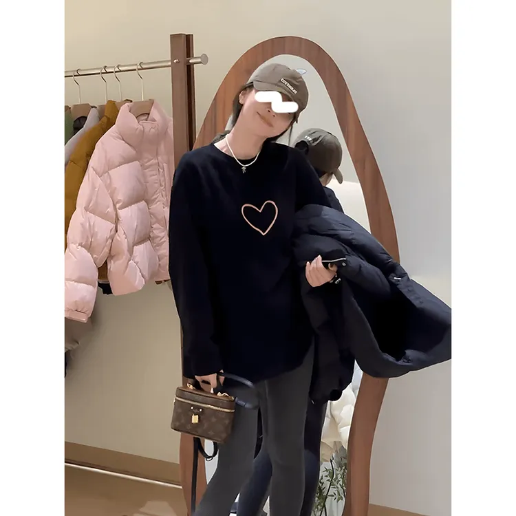 2024年新款韩版秋冬时尚简约ins爱心百搭圆领显瘦长袖休闲打底T恤