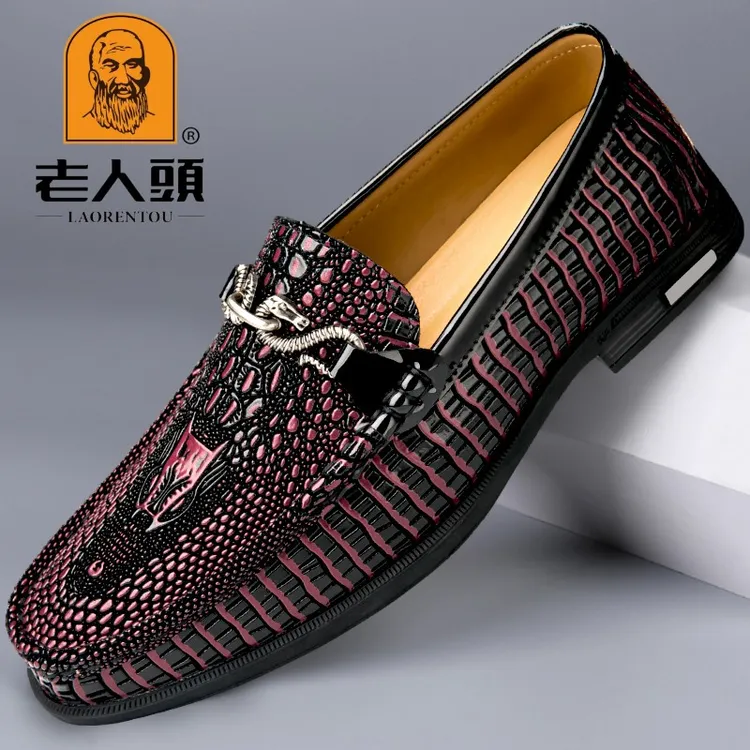 老人头正品男士时尚百搭春季真皮透气软底鳄鱼纹舒适韩版豆豆鞋男