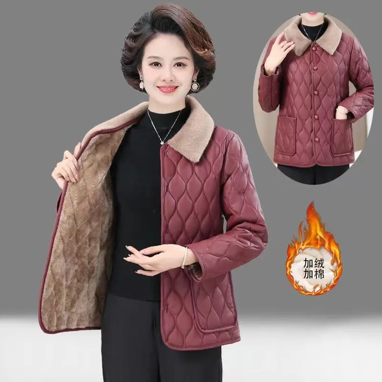 妈妈加绒加厚皮棉袄冬季新款洋气时尚棉衣外套中年女短款大码棉服