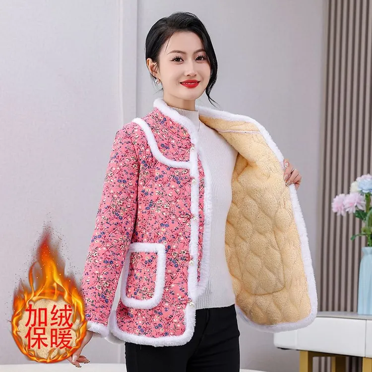 秋冬季女装小花棉袄外套中国风中老年妈妈装加绒加厚大码保暖外穿