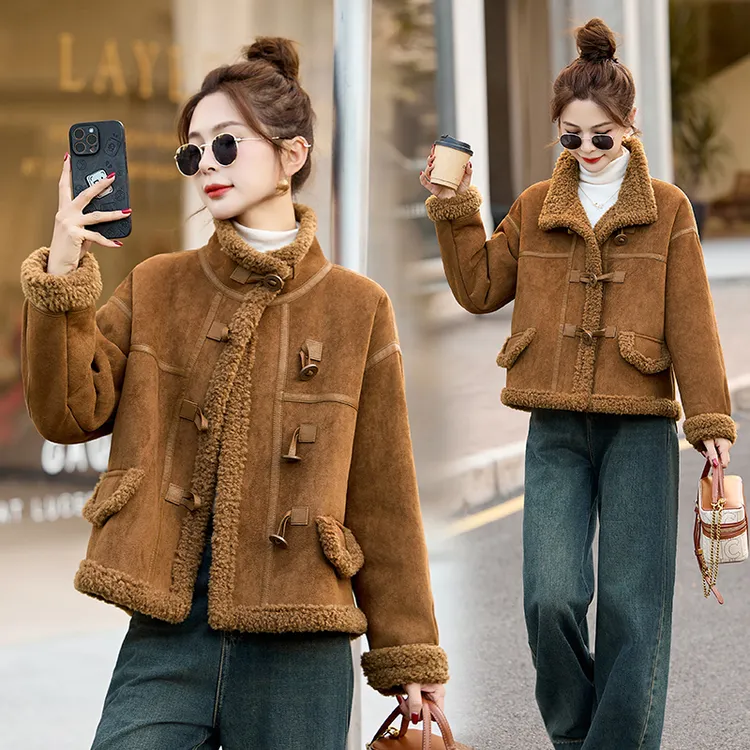 皮毛一体仿羊羔毛短款外套女2025冬装新款加厚立领机车服保暖上衣