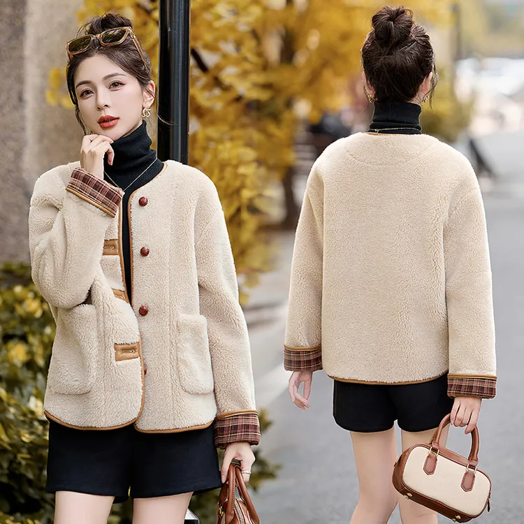 韩版格子拼接宽松百搭短外套2025秋冬新款宽松休闲皮毛一体女装潮