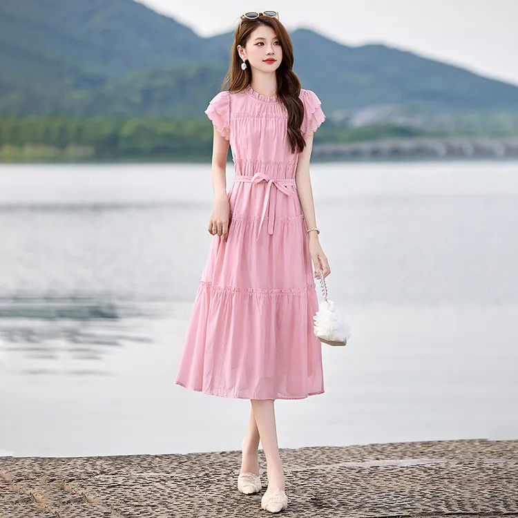 漂亮独特雪纺连衣裙女2025夏季新款木耳边小飞袖奢华高端气质长裙