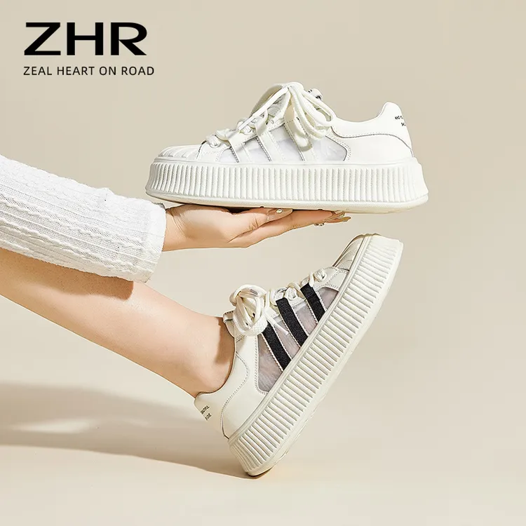 ZHRET02真皮贝壳头小白鞋女2023夏款薄款网面板鞋百搭厚底饼干鞋