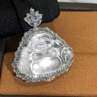 s925银饰镶嵌天然白色石英质玉精美双层满钻中号佛公挂件女款吊坠