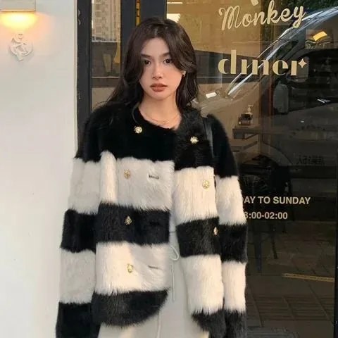 韩版条纹毛茸茸外套女2024新款爆款感休闲宽松仿貂毛皮草秋冬