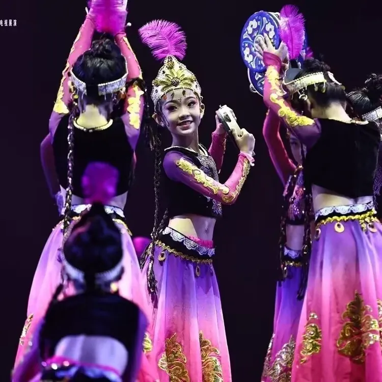 儿童少数民族服装新疆维吾尔族大摆裙石榴红了舞蹈演出服艺考服装