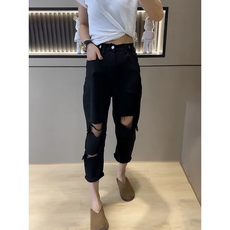 梨形身材微胖女生穿搭大码破洞牛仔裤子女夏季薄款弹力哈伦老爹裤