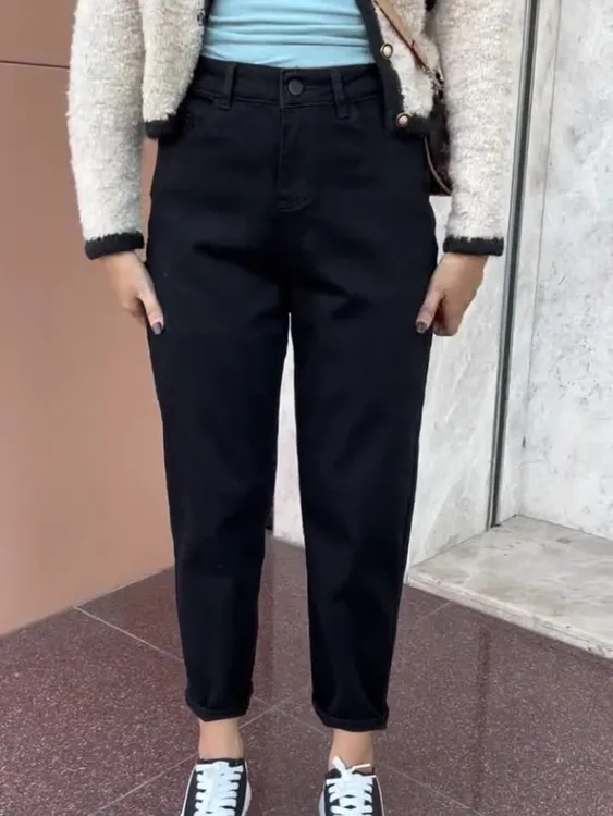 大码梨形身材哈伦牛仔裤女秋冬加绒加厚胖mm显瘦小个子老爹萝卜裤