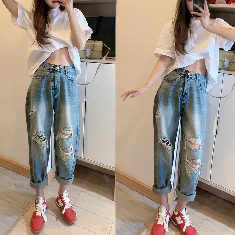 胖妹妹宽松破洞老爹牛仔裤大码女显瘦洋气显高宽松直筒哈伦牛仔裤
