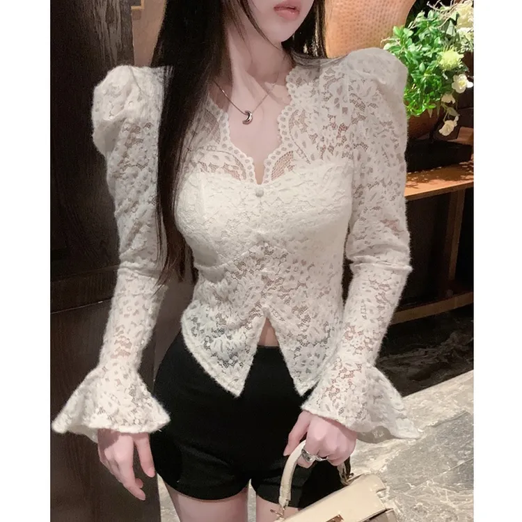 皮草内搭秋冬季磨毛V领泡泡袖收腰性感短款上衣低领蕾丝打底衫女