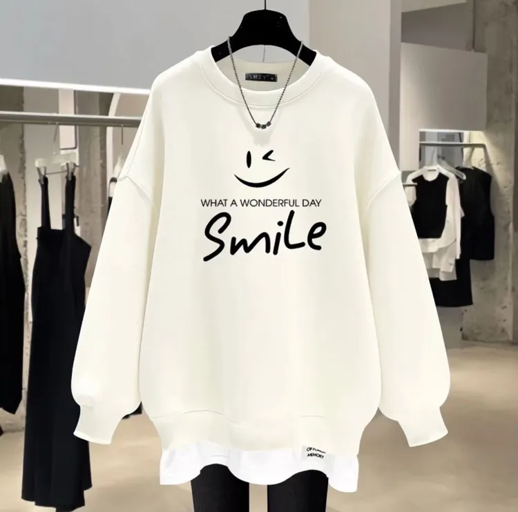 米莱Jiaer/加绒加厚高级感假两件套头卫衣 简约笑脸休闲宽松上衣