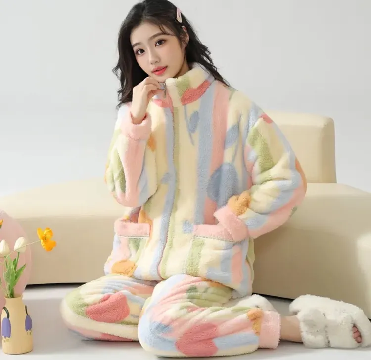 加厚加绒拉链睡衣女 秋冬法兰绒软绵绵珊瑚绒睡衣套装