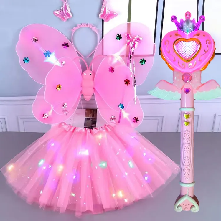 发光玩具女孩蝴蝶翅膀亮灯背饰演出服魔法棒发光翅膀亮灯公主裙