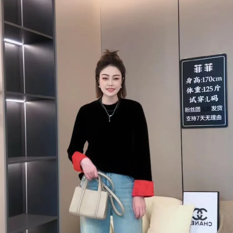 【菲菲严选】风拜年款百搭套头气质长袖丝绒打底衫T恤28050-1