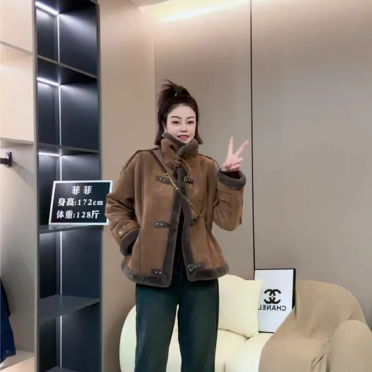 【清仓福利】时尚加厚皮毛一体机车服保暖韩版毛毛外套23230