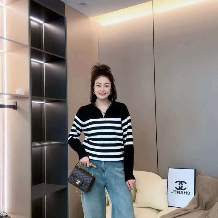 【菲菲严选】韩版秋冬条纹拼接休闲百搭长袖针织衫11302