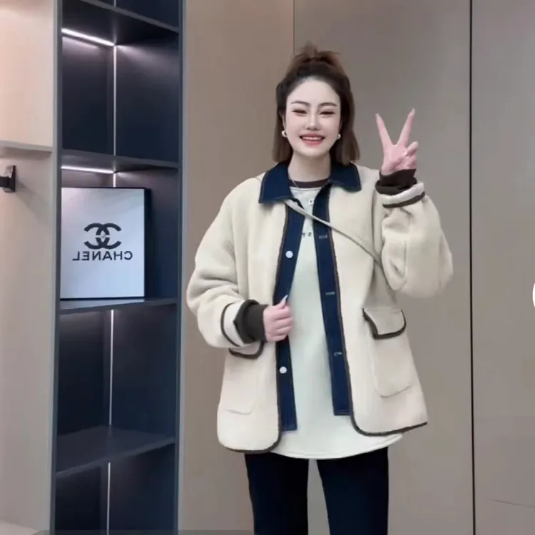 【断码清仓】韩版翻领牛仔拼接羊羔毛外套23156