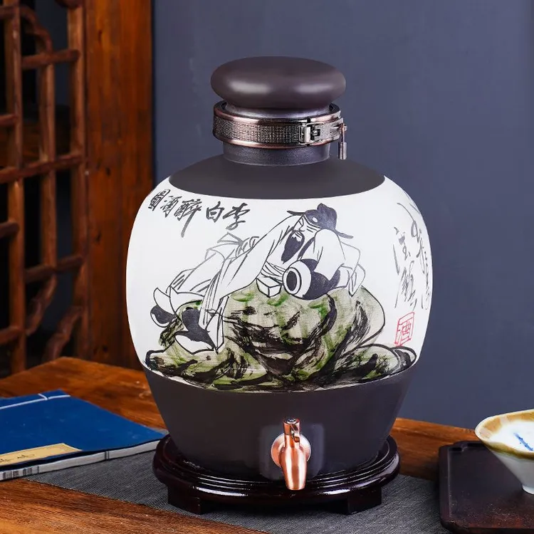 高档手工绘画陶瓷坛 手绘李白醉酒陶瓷 窖藏密封性好的高档陶瓷