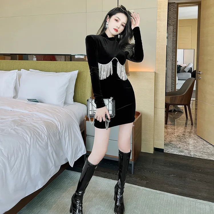 秋装欧美风圆领气质流苏收腰修身包臀丝绒连衣裙甜辣裙5571