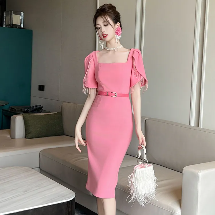 21134修身名媛气质长款轻奢性感法式包臀宴会收腰时尚女神连衣裙