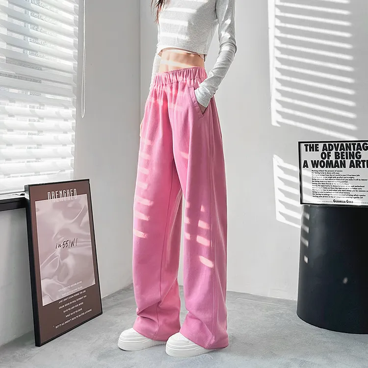 粉色阔腿裤女秋季2025新款大码宽松胖mm小个子薄款高腰垂感直筒裤