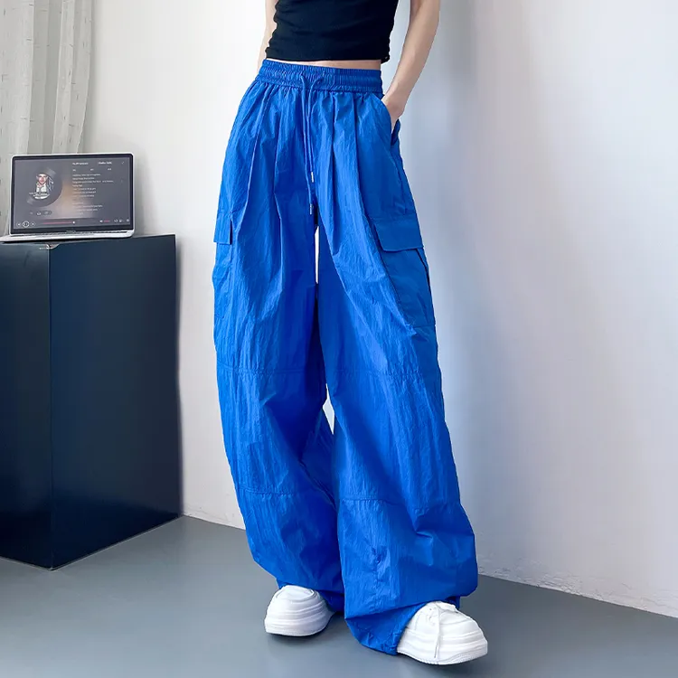 速干工装裤女夏季薄款蓝色宽松胖mm防晒bf慵懒风冰丝运动阔腿裤子