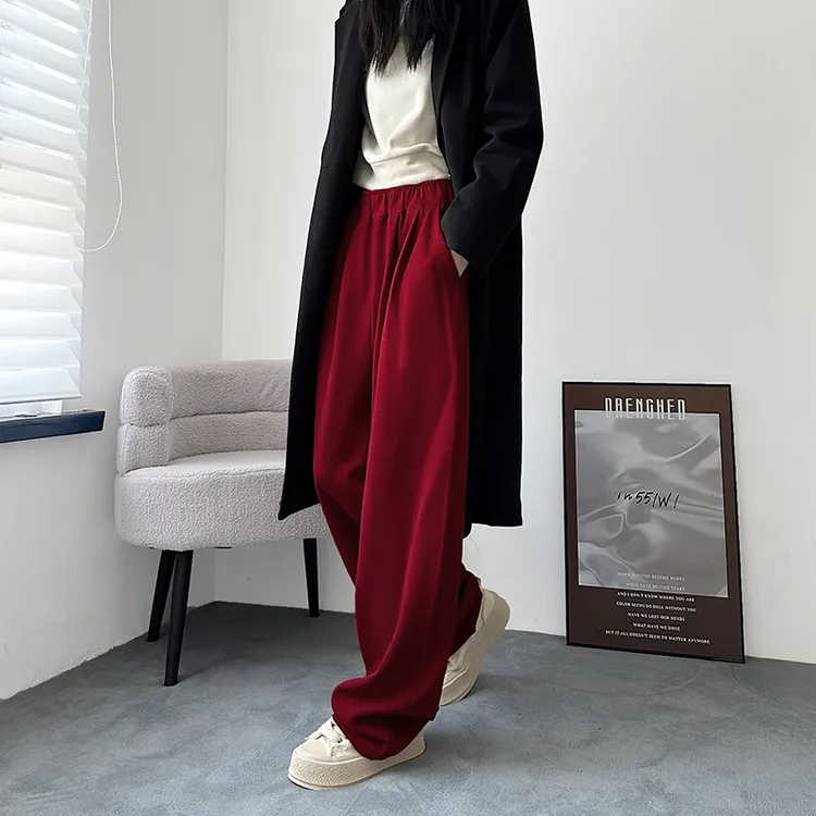 酒红色阔腿裤女秋冬款大码宽松胖mm直筒慵懒拖地加长美式运动裤子