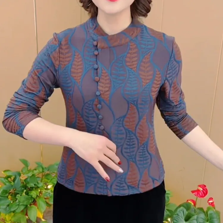 女装2024新款秋冬遮肉气质上衣提花印花妈妈装打底衫内外穿