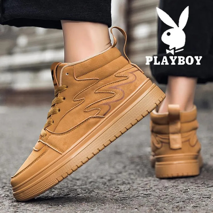 花花公子高帮男鞋秋季2025新款厚底增高小麦色板鞋莆田运动休厚底