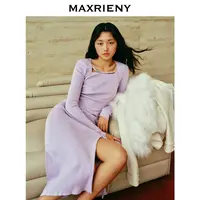 【高高甄选】MAXRIENY精致优雅浪漫修身长款开叉系带毛织连衣裙