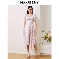 【高高甄选】MAXRIENY浪漫玫瑰碎花桑蚕丝裙子女装连衣裙蕾丝显瘦