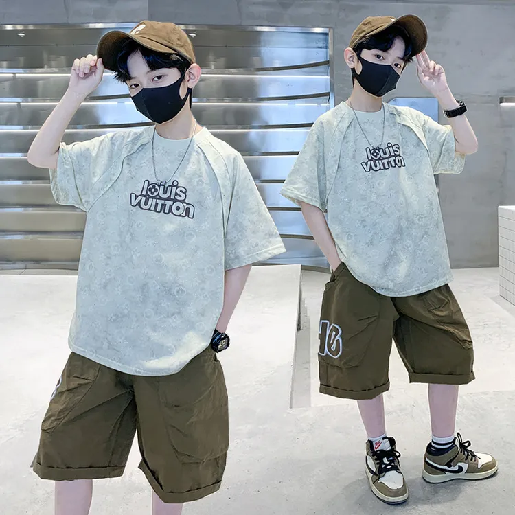 时尚运动男童套装夏儿童2024休闲T恤男孩新款短袖衣服时髦潮上衣