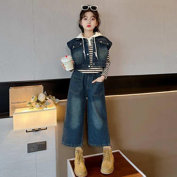女童秋装三件套2024新款韩版条纹卫衣牛仔马甲秋季网红潮长裤套装