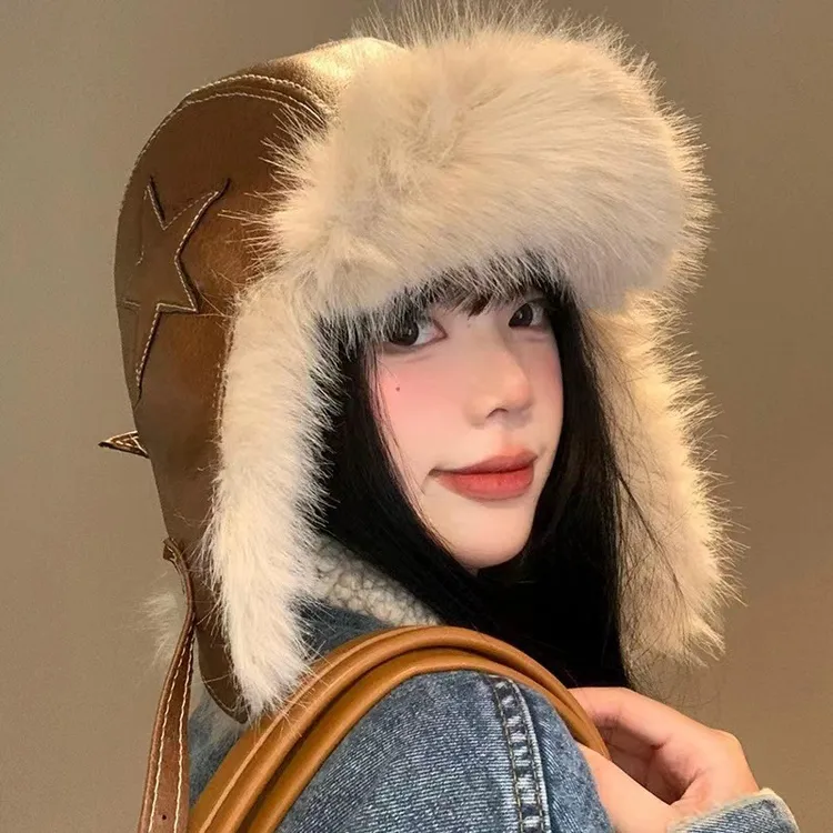 星星毛绒雷锋帽女冬季电动车防风皮质护耳帽加绒加厚保暖东北帽子