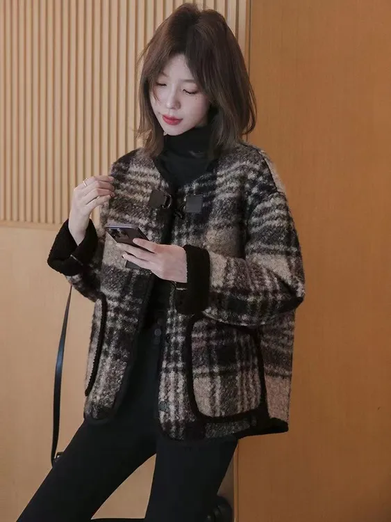 格子香风韩版短款加绒保暖加厚圈圈绒外套2025春秋新款宽松上衣