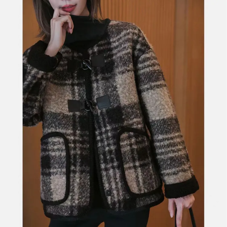  2025春秋新款宽松格子圈圈绒外套香风韩版短款加绒保暖加厚上衣