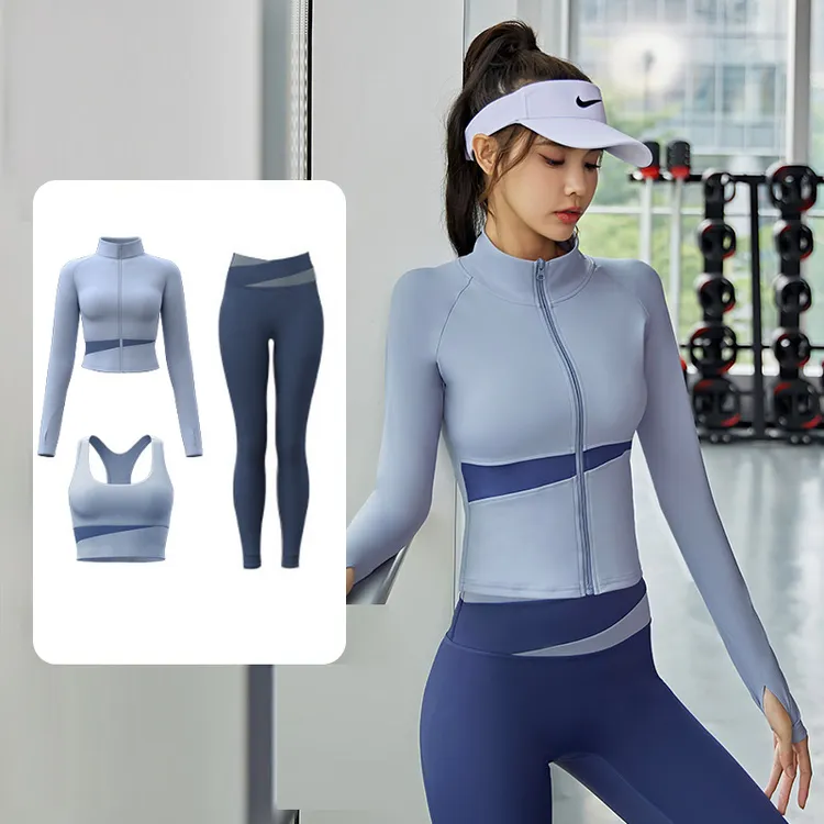 Kava Gie三件套蜜桃拼色瑜伽亲肤裸感运动健身服显瘦速干修身套装