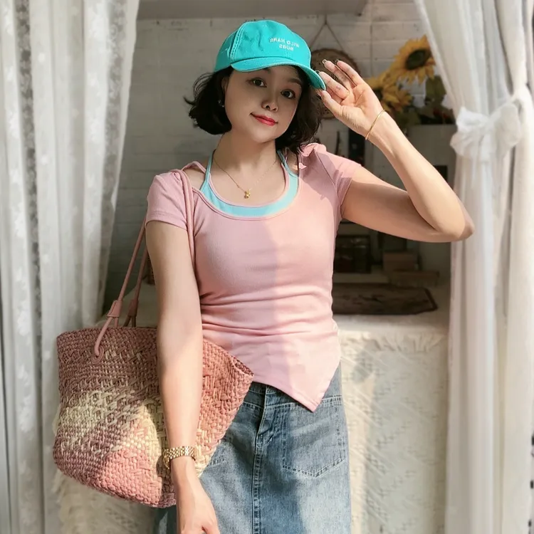 （元气少女）不规则粉色短袖t恤女2024新款减龄时尚修身显瘦短上衣