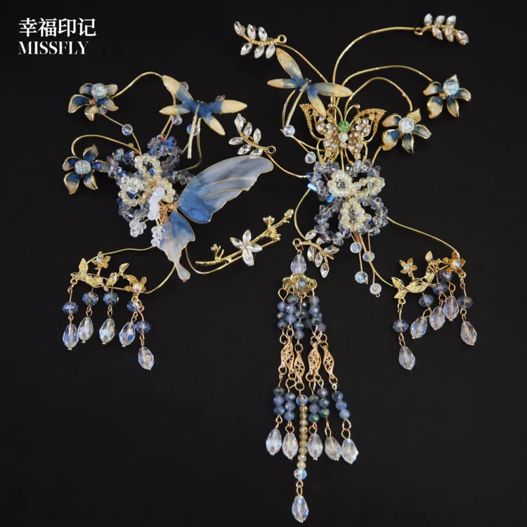新中式耳挂式头饰金蓝色秀禾发饰礼服配饰品汉服晨袍精灵蝴蝶国风