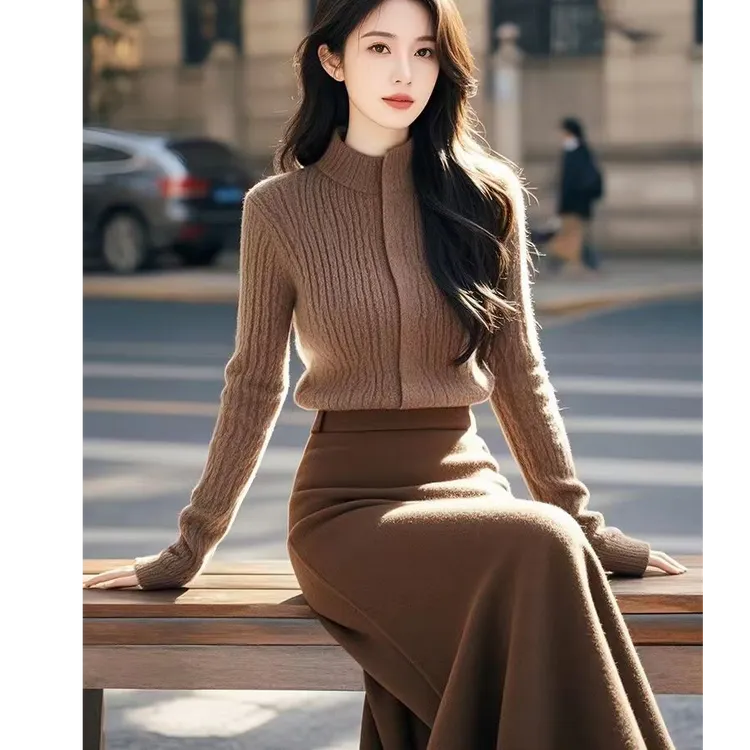 时髦精穿搭盐系轻熟美拉德复古高级感棕色毛衣半身裙两件套装女冬
