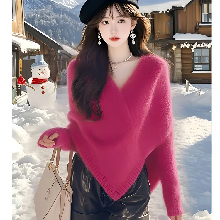 法式软糯奶呼呼长袖玫红色斗篷披肩毛衣女2024冬季新款气质名媛