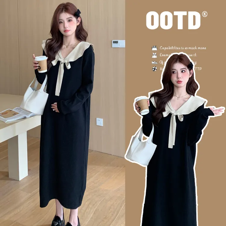 2025孕妇减龄连衣裙秋冬针织娃娃领洋气外出气质中长毛衣连衣裙