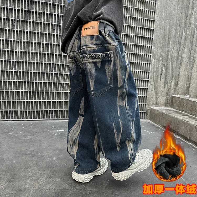 儿童装男童一体加绒裤子秋冬款2025新款中大童冬季男孩加厚牛仔裤