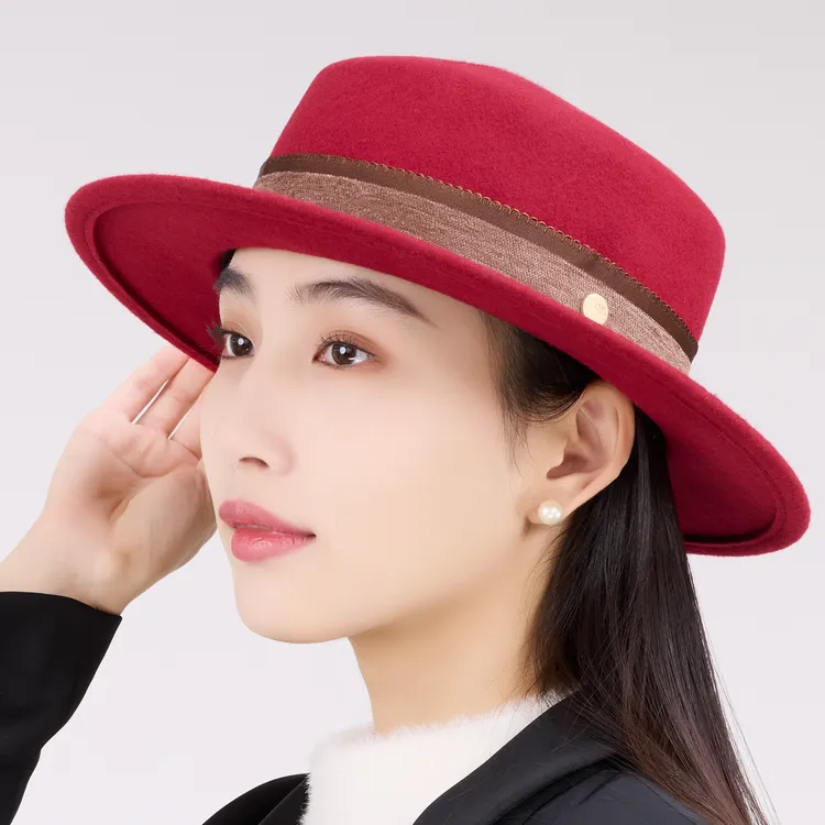 安可拉红百搭时尚优雅平顶帽冬季保暖休闲女士复古平檐帽羊毛礼帽