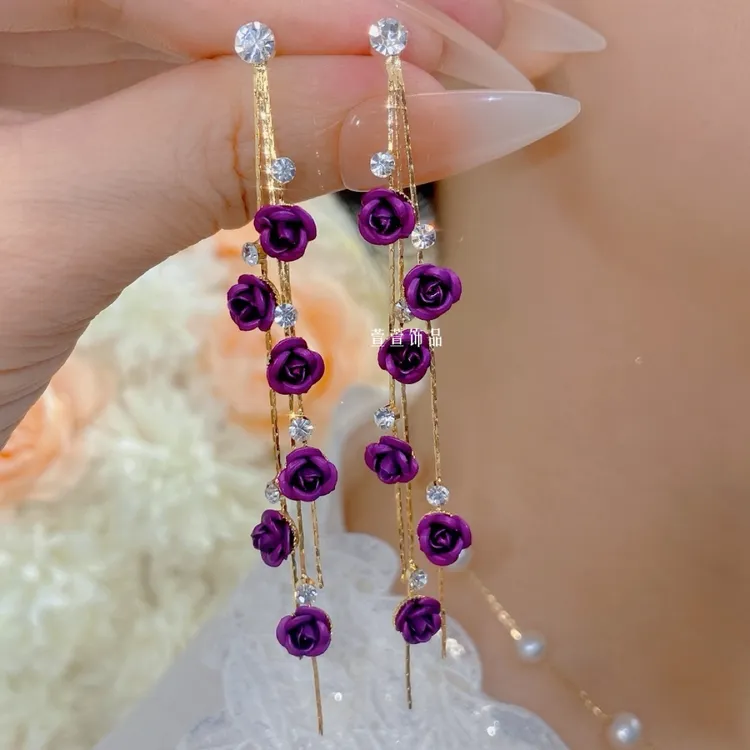 铜合金耳饰 紫玫瑰花高级感气质时尚紫色轻奢百搭小众长款耳环